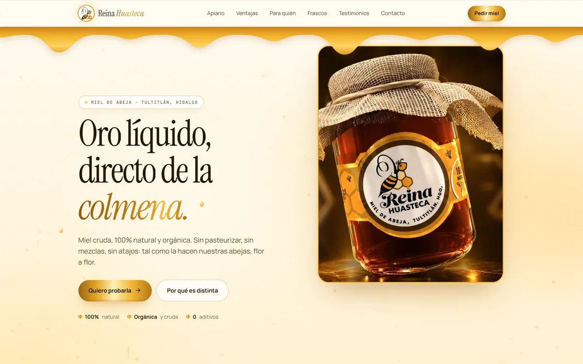 Sitio web de Reina Huasteca, marca de miel de abeja natural