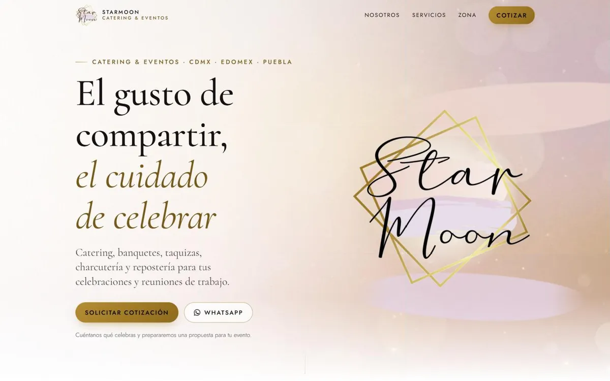 Sitio web de Starmoon, catering y eventos en CDMX, Edomex y Puebla