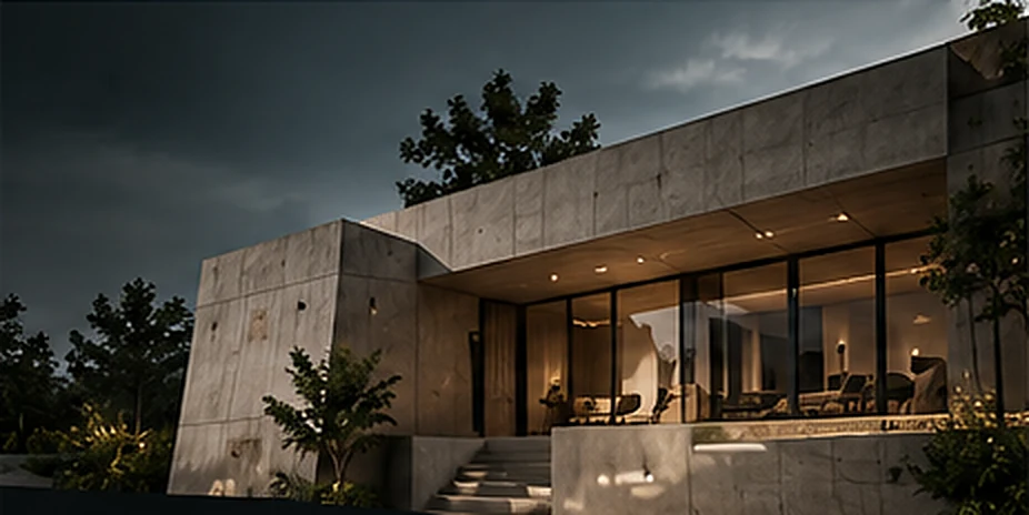 Casa moderna de concreto al atardecer